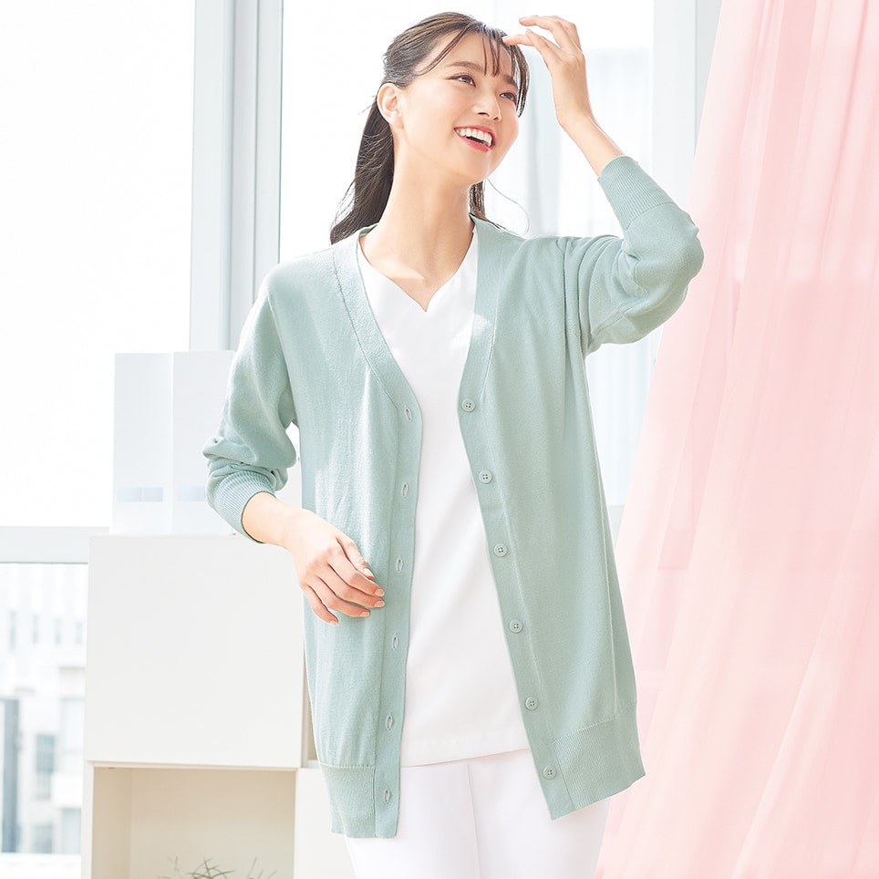 自宅で洗える！なめらか綿混Vネックカーディガン(ロング丈)