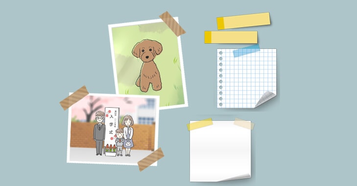 ロッカーの扉に写真やメモが貼られている