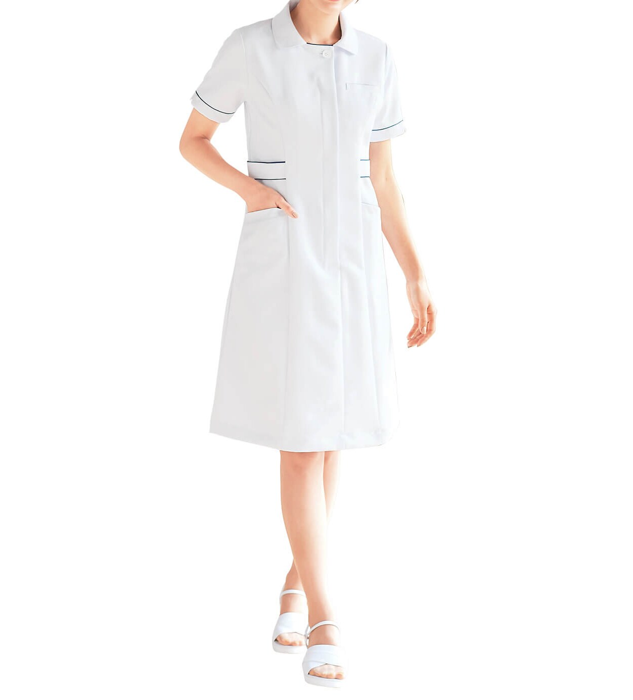 消臭ギャバ 日本製パイピング使いオープンカラーワンピース 白衣 ナース服 ナースウェア 看護師 ナース の通販ならアンファミエ