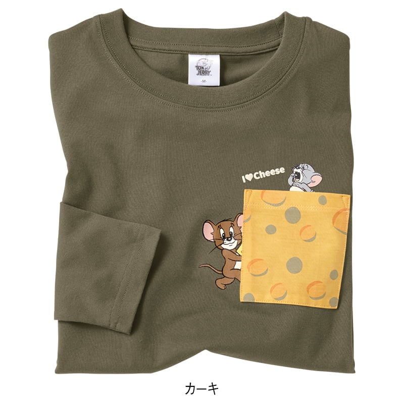 ＜TOM and JERRY＞天竺長袖ポケット付きボックスTシャツ