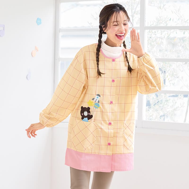 くまロケットチェック柄スモック