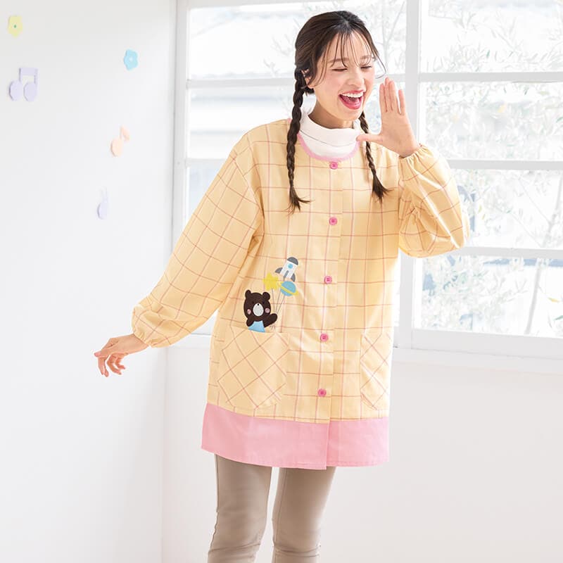 くまロケットチェック柄スモック