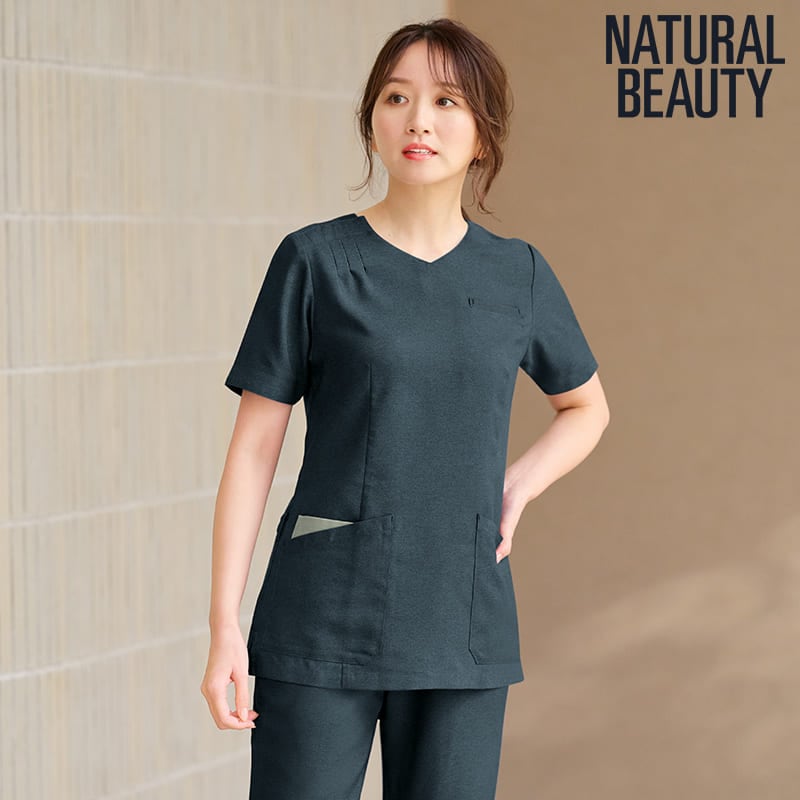 ＜ナチュラルビューティー＞タック入りデザインストレッチ杢スクラブ