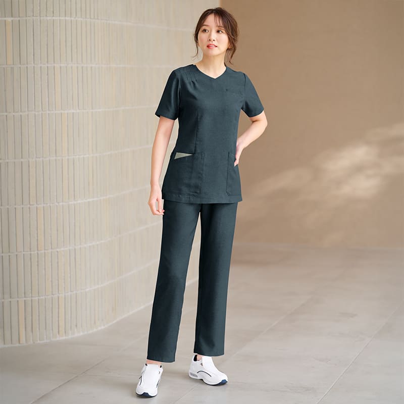 ＜ナチュラルビューティー＞タック入りデザインストレッチ杢スクラブ