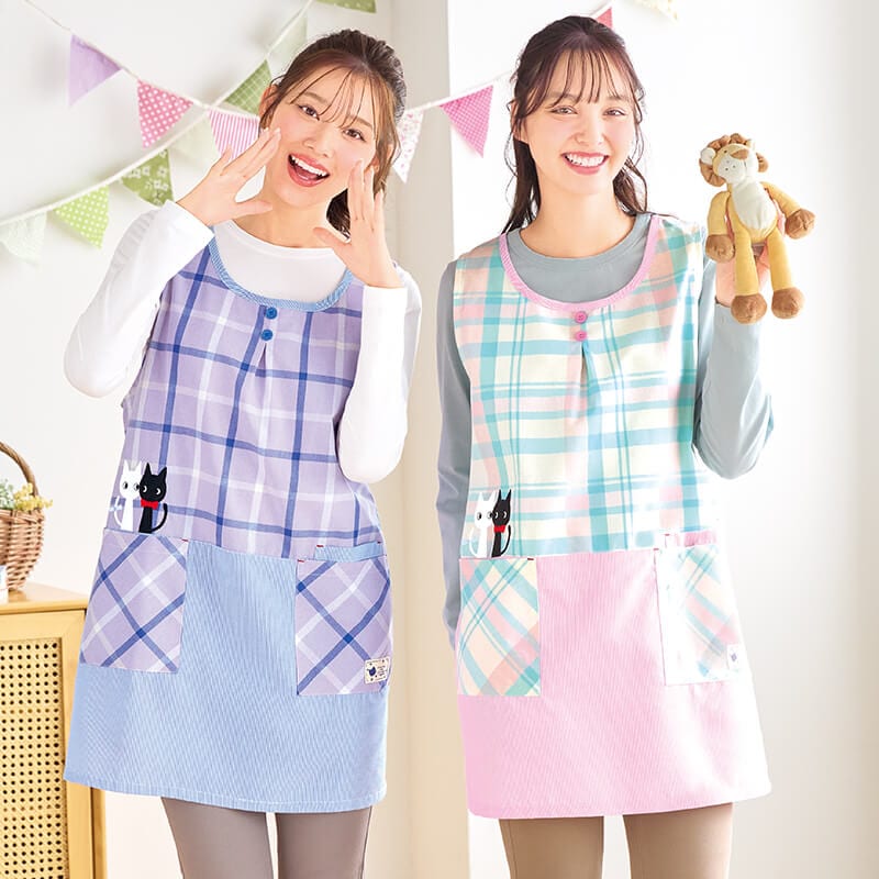 チェック×ストライプ切替えねこアップリケエプロン