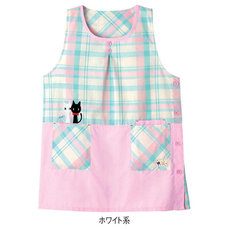 チェック×ストライプ切替えねこアップリケエプロン