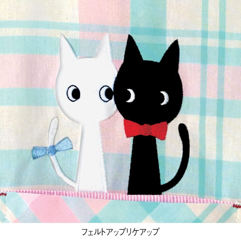 チェック×ストライプ切替えねこアップリケエプロン