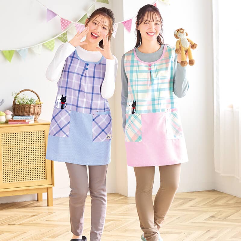 チェック×ストライプ切替えねこアップリケエプロン