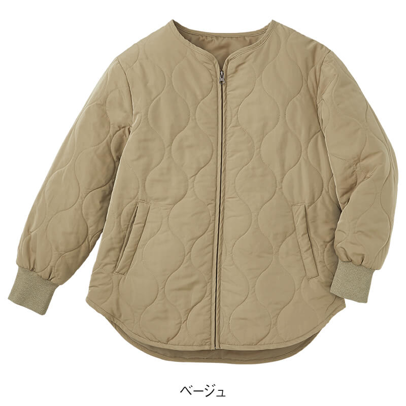 吸湿発熱 カポック混中綿ノーカラージャケット
