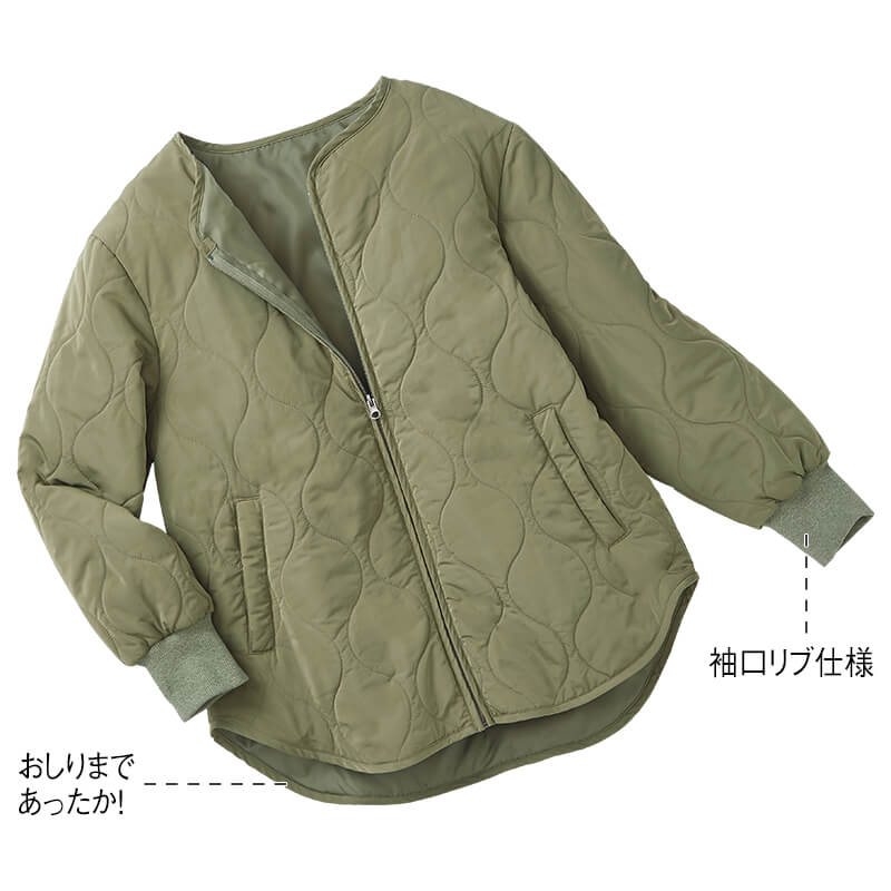 吸湿発熱 カポック混中綿ノーカラージャケット