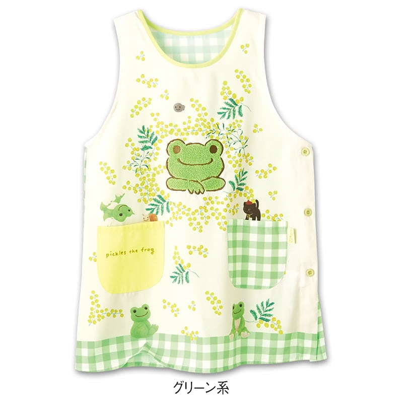 <かえるのピクルス>サガラ刺繍アップリケエプロン