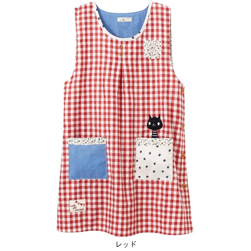 先染ギンガムレイヤード調ベスト横釦エプロン